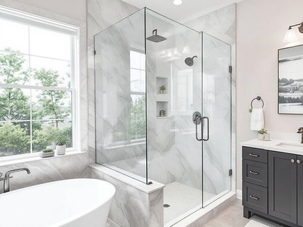 Fluent and sleek custom frameless shower enclosure newly installed in a modern, contemporary home near Natick, MA. 