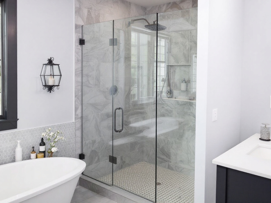 Modern, custom, frameless shower enclosure in a contemporary bathroom in Waltham, MA.