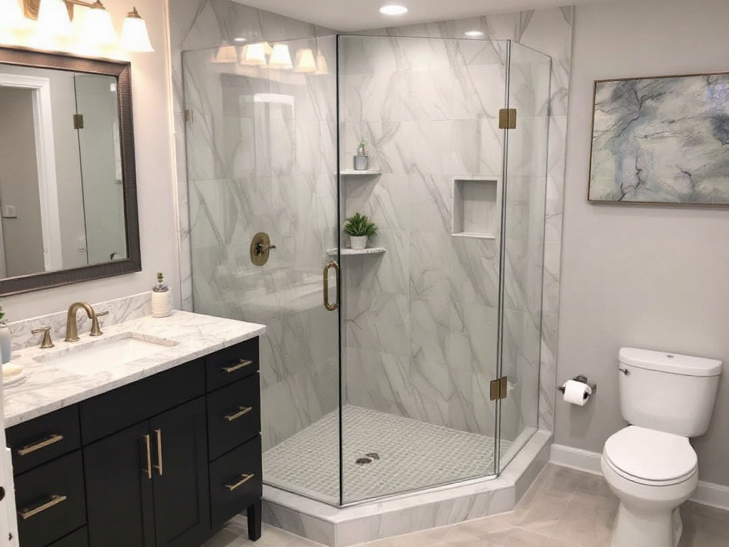 Custom frameless shower enclosures being installed in Waltham, MA, upgrading the bathroom experience.