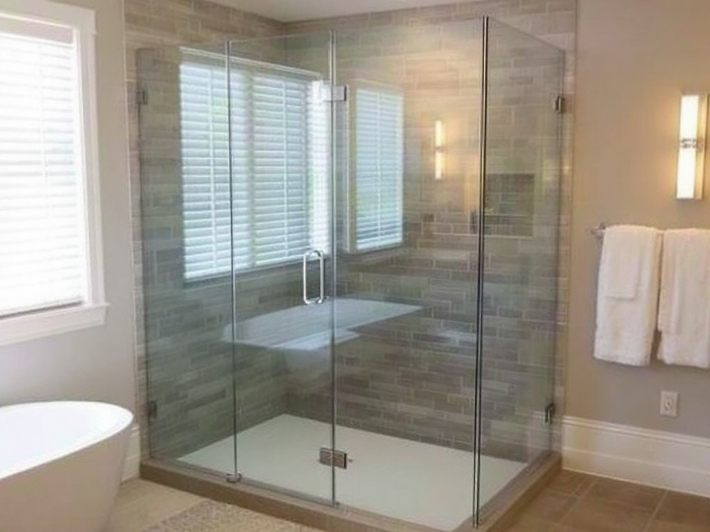 A picture displaying a newly installed custom frameless modern shower enclosure in a contemporary designed bathroom near Natick, MA.
