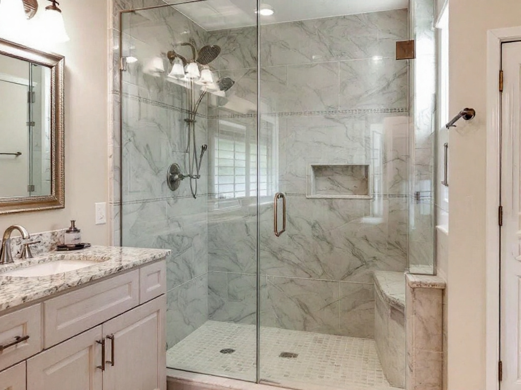 Custom frameless shower enclosure installation in Natick, MA enhancing the bathroom aesthetics.