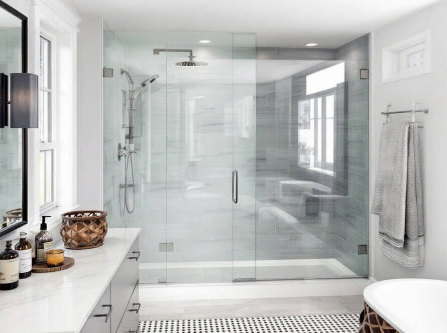 Expert guide to installing custom frameless glass doors in contemporary bathroom near Walpole, MA.