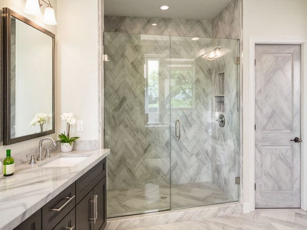 A custom frameless glass door installed in a Walpole, MA bathroom.