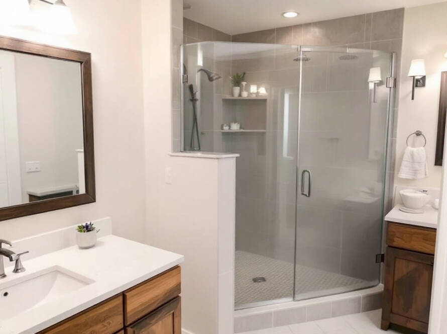 Alt Text: "Modern, Contemporary designed bathroom featuring a custom installed semi frameless shower door, adding a touch of glamour."