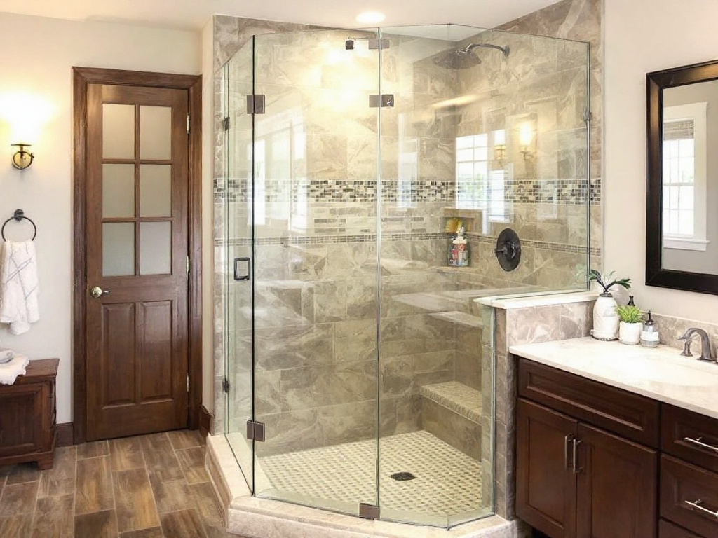 Alternative text: Elegant custom shower door design adding a touch of glamour to the bathroom.
