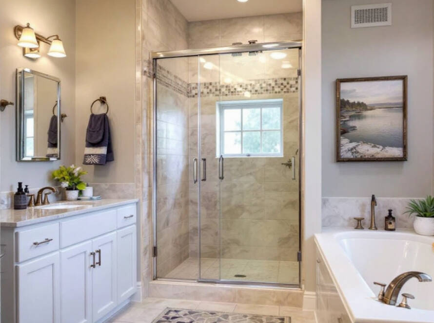 Professional installation of a modern sliding shower door in Woburn, Massachusetts.
