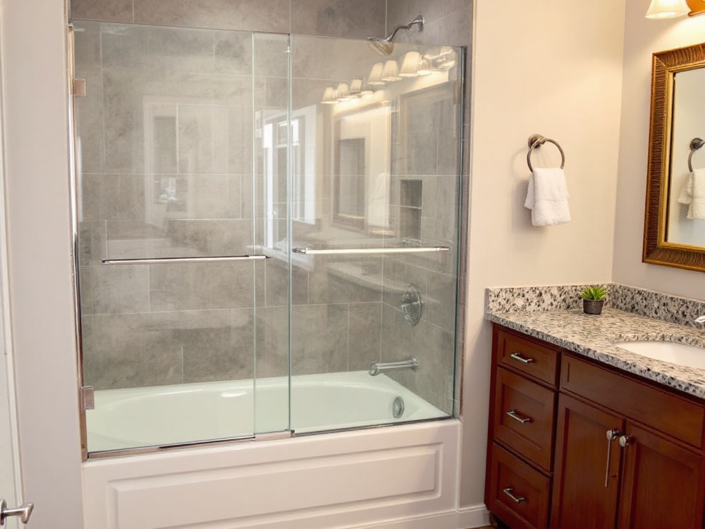 A newly installed modern bathtub shower door in Boston, embodying a contemporary design.