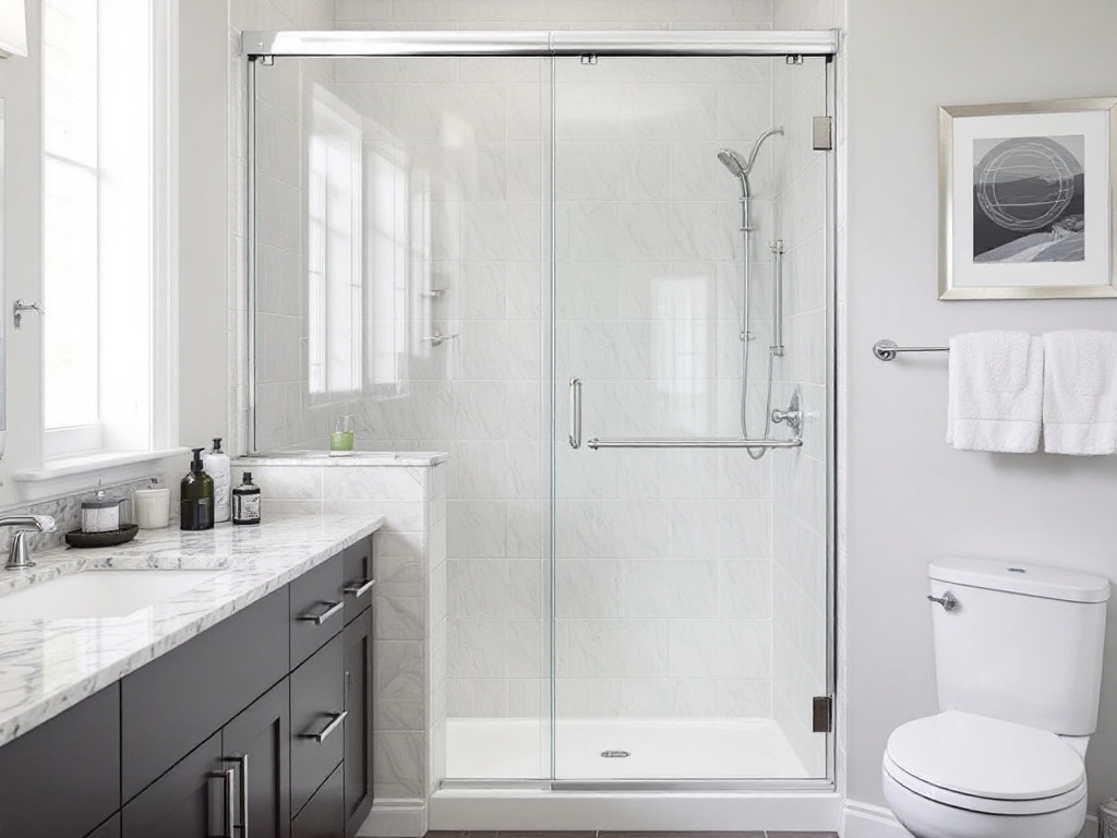 Glass shower door installed in a bathtub adding elegance and maximizing space in a Boston bathroom.