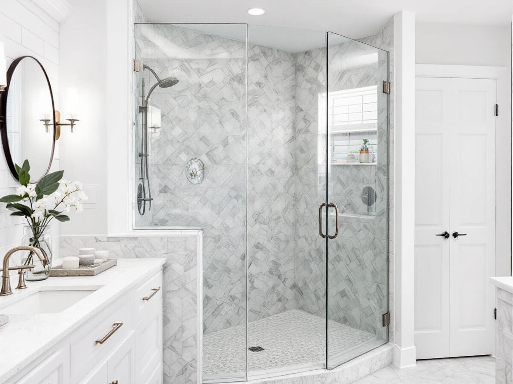 An image of a custom made frameless shower enclosure, newly installed by professionals in Melrose, MA, flaunting a modern and contemporary design.