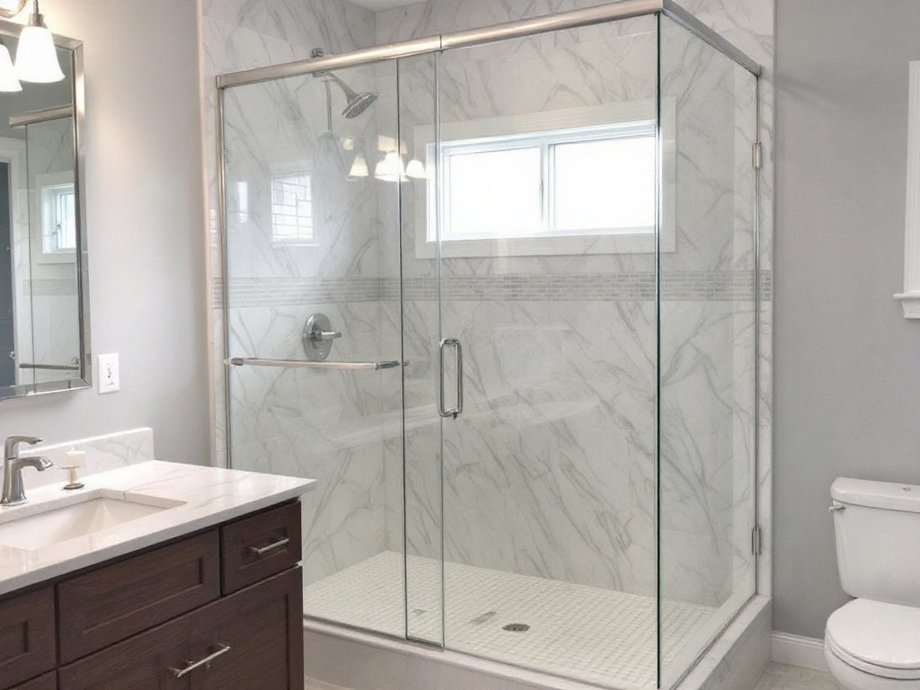 View of a newly installed custom frameless shower enclosure in a residential setting in Melrose, MA.