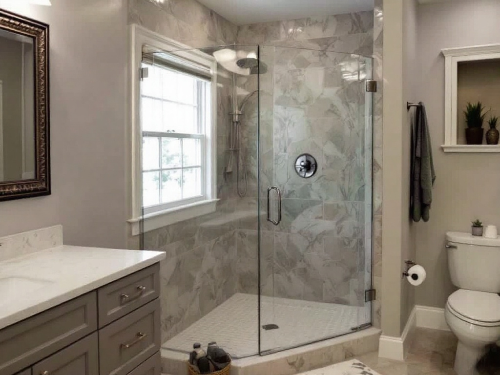 Custom-designed modern, contemporary shower door installed in a Boston home.
