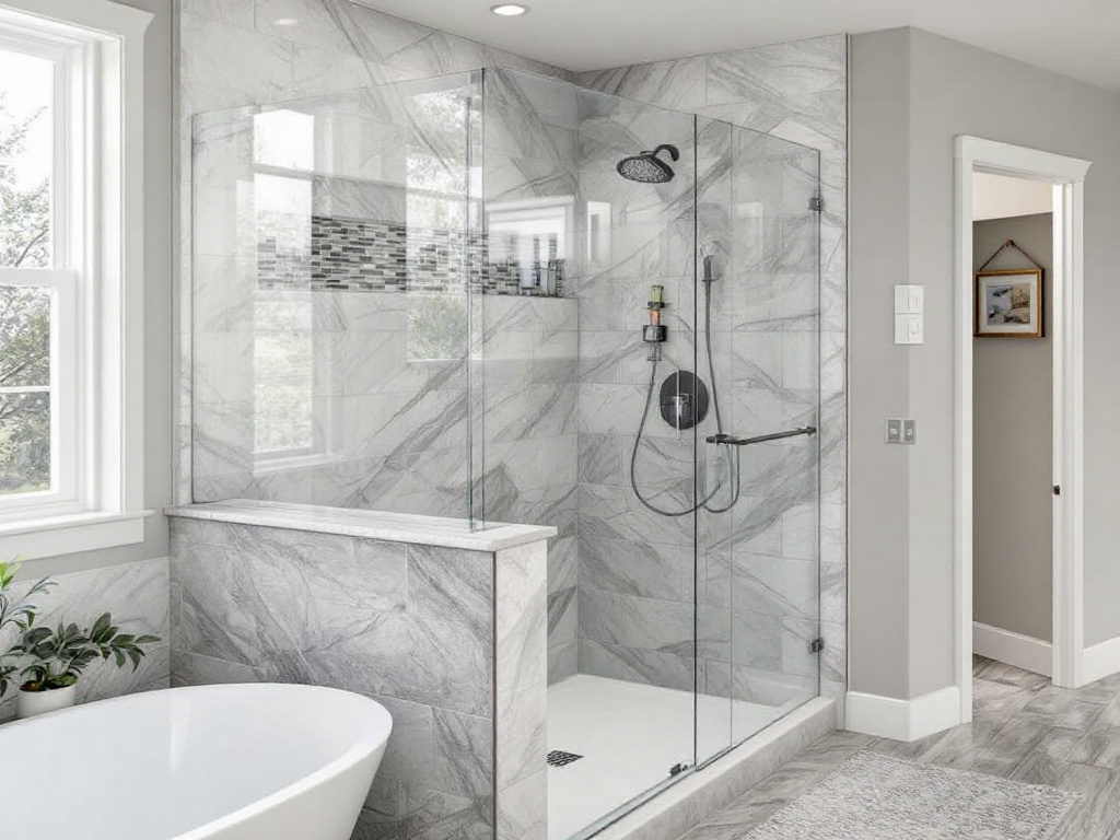 Specialist shower contractors finalizing a custom-made shower installation in Holbrook, MA.