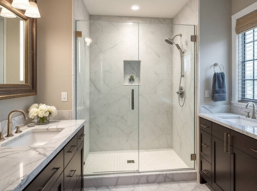 Modern, expertly crafted shower door installed in a contemporary design near Stoughton, MA