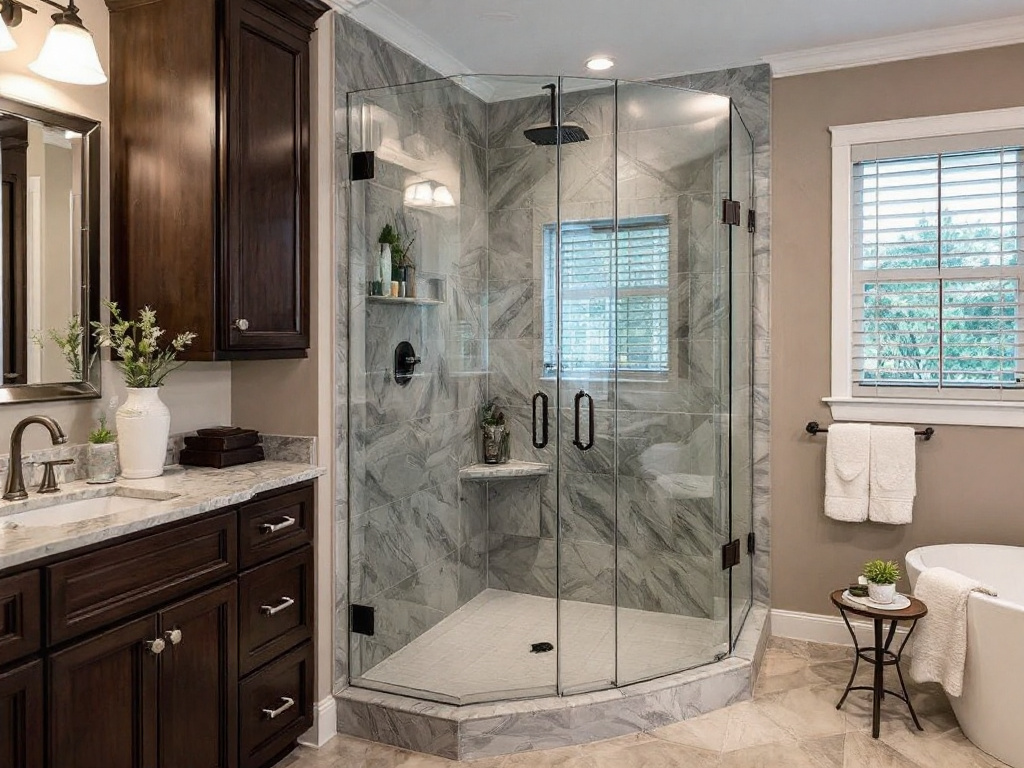 Expert technician installing a frameless shower door in a modern and contemporary designed bathroom in Weymouth, MA.