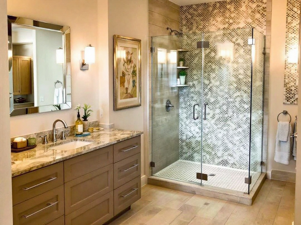 Alternative text: Skilled laborer installing modern glass shower door in Billerica, MA.