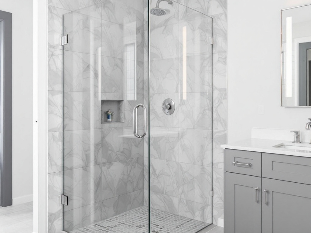 A closeup image of a contemporary, modern designed hinged shower door newly installed.