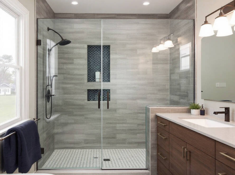 Professional shower door contractors at work in Sharon, MA, implementing modern and contemporary designs.