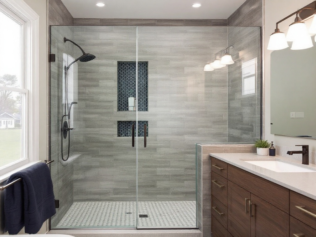 Professional shower door contractors at work in Sharon, MA, implementing modern and contemporary designs.