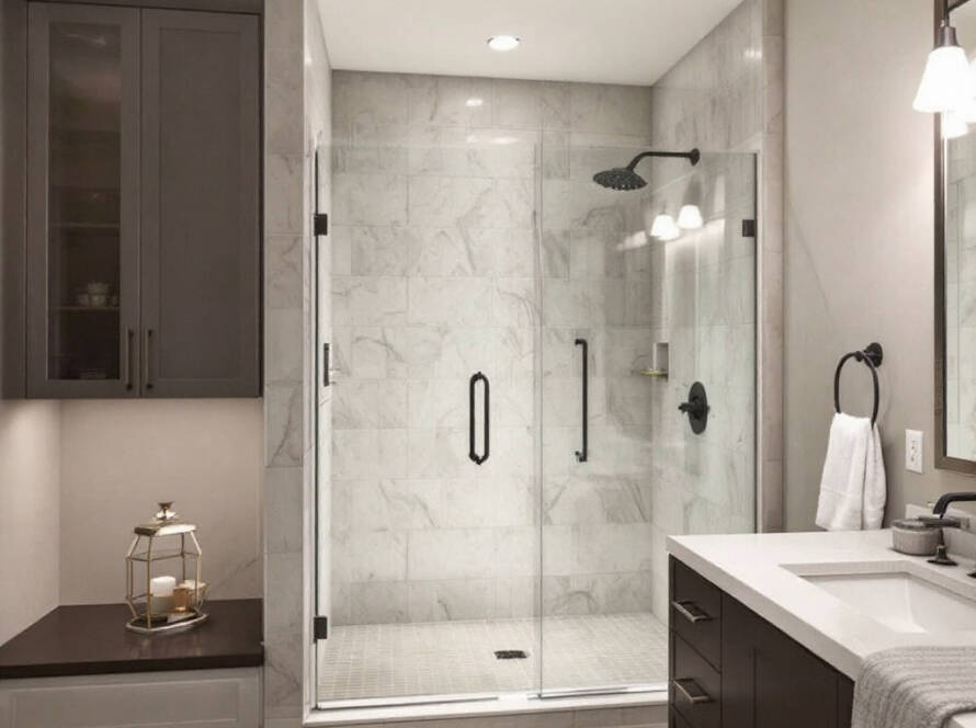 Sleek, modern bathroom transformed with custom designed, luxurious shower doors.