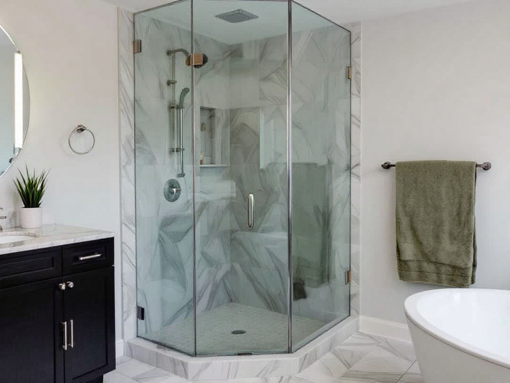 Modern, custom frameless glass shower door installed in a contemporary Cambridge MA home. 
