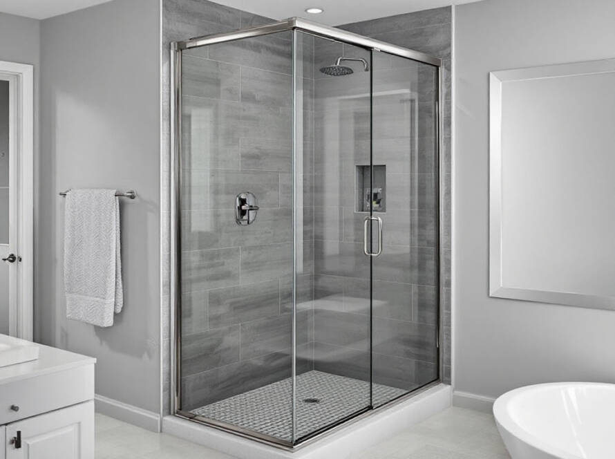 A modern, contemporary-designed shower door installation simplifying the pre-purchased bathtub shower door installation process.