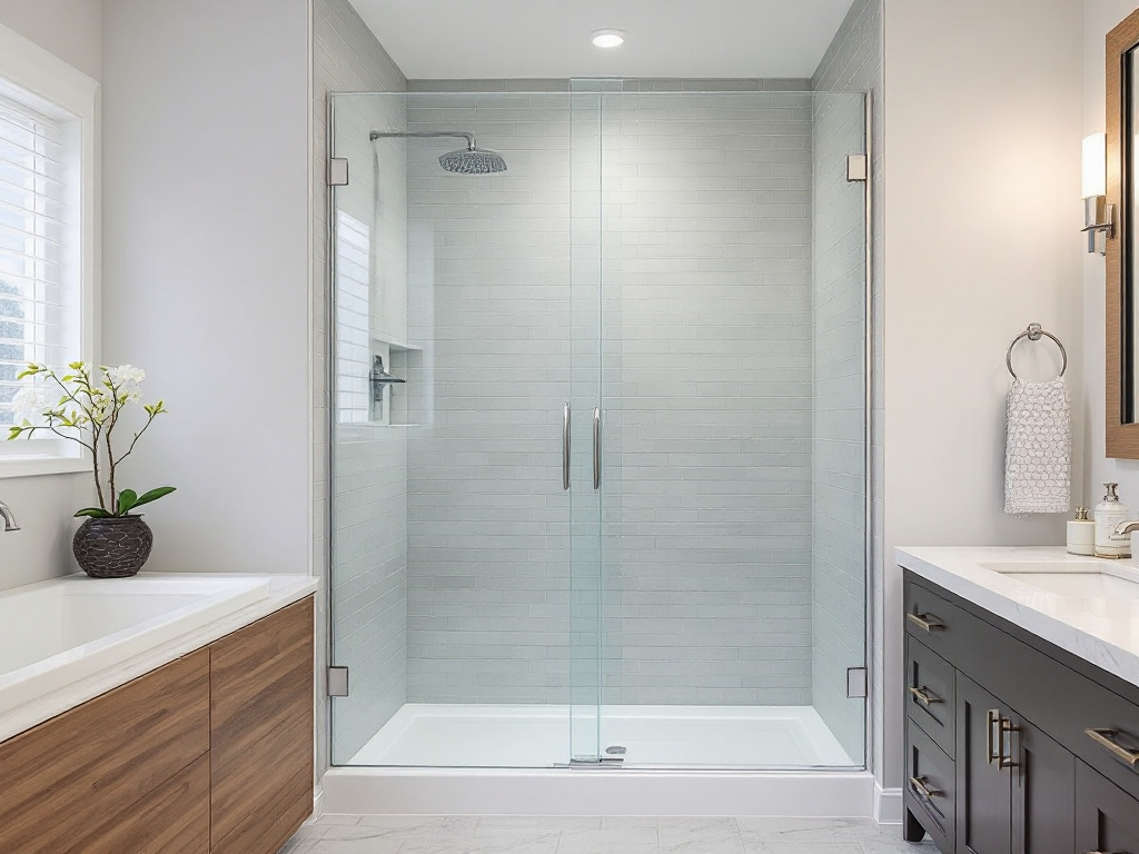 A modern, newly installed pre-purchased shower door in a contemporary bathroom design.