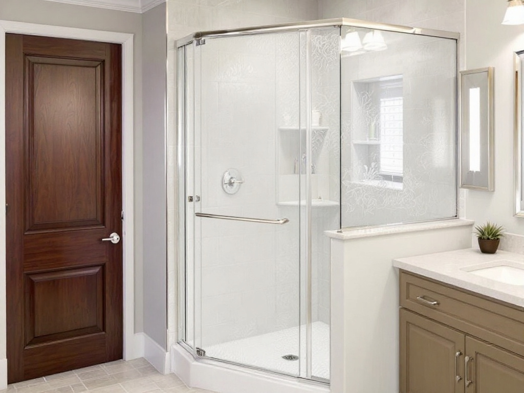 A sleek, contemporary shower door installed by Boston's top experts - a key component of a stylish bathroom in a new, modern home.