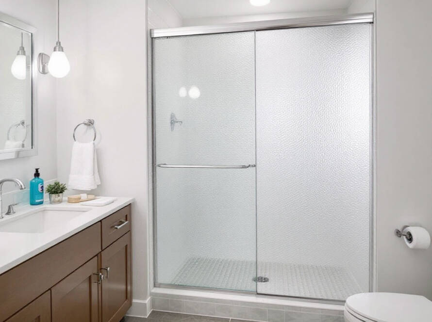 Modern and contemporary designed custom sliding shower doors in a newly revamped bathroom.