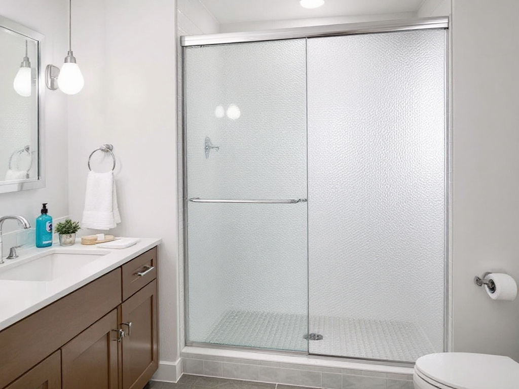 Modern and contemporary designed custom sliding shower doors in a newly revamped bathroom.