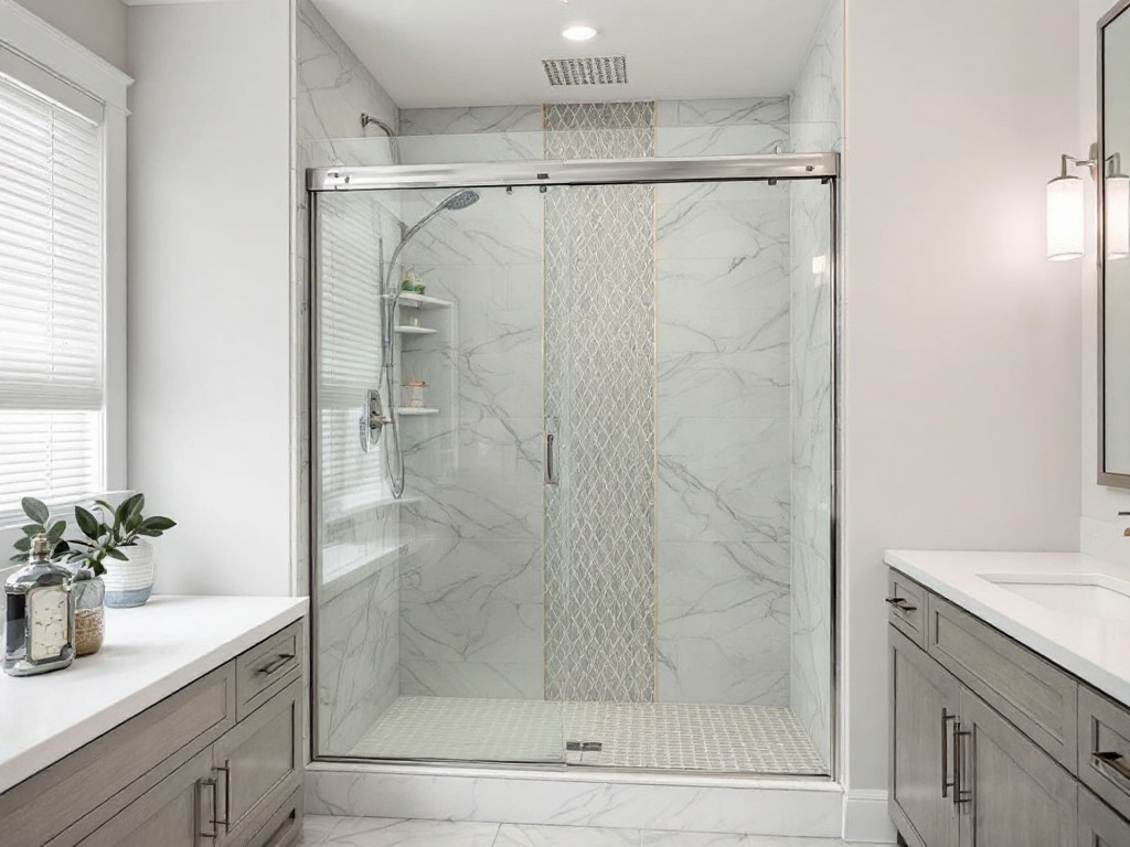 Custom designed sliding shower doors enhancing the aesthetics of a bathroom.