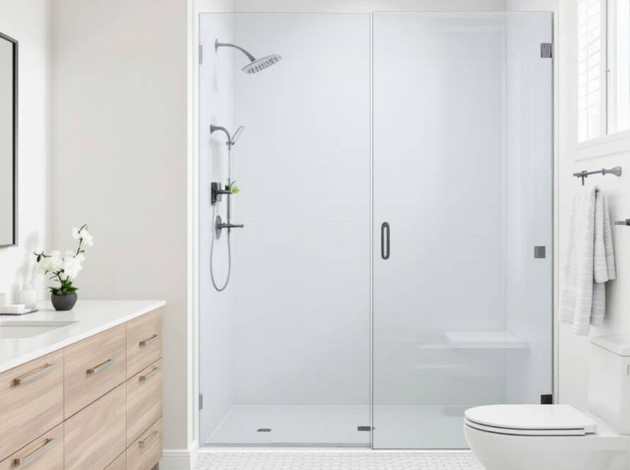 Newly installed sliding shower doors in a Boston modern-style bathroom, boosting the contemporary design vibes.