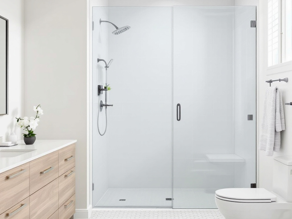 Newly installed sliding shower doors in a Boston modern-style bathroom, boosting the contemporary design vibes.