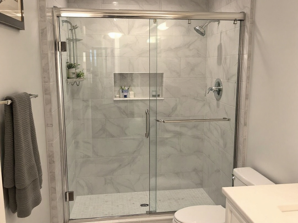 Skilled handymen installing sliding shower doors in a Boston residence's bathroom.
