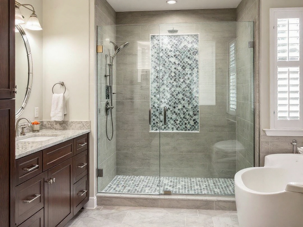 A custom shower installation showcasing modern and contemporary design located near Holbrook, MA.