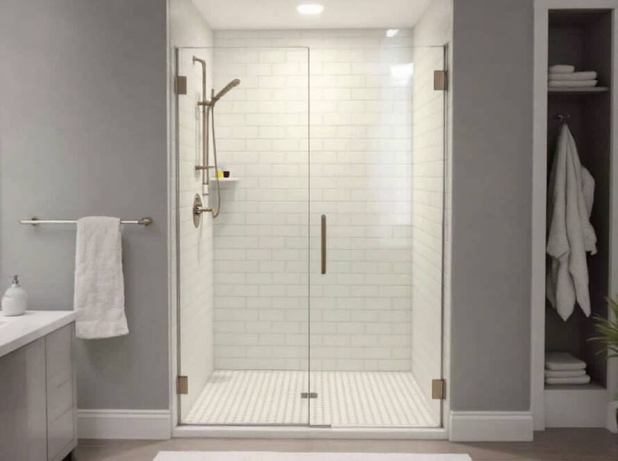 Professional installation of a modern and contemporary shower door near Watertown, MA.