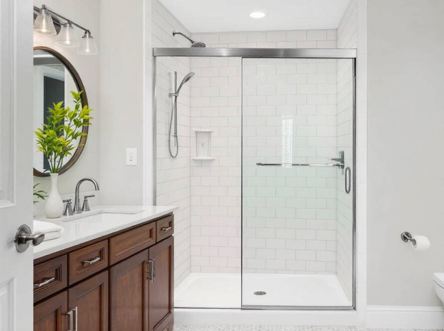 Expert professionals installing a modern, contemporary designed sliding shower door in Stoneham, MA.