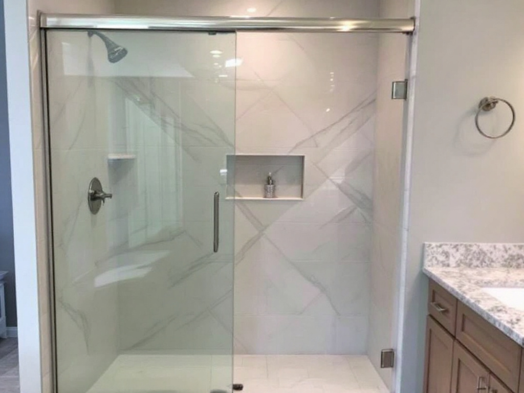Expert installers diligently working on installing a sliding shower door near Stoneham, MA.