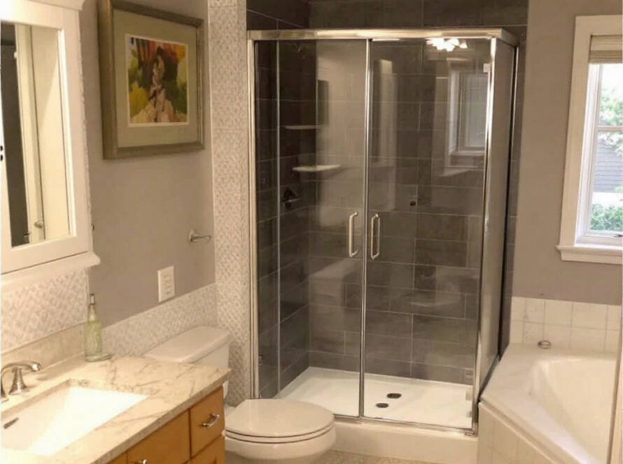 Elegant custom shower door designed in a modern, contemporary style, expertly installed in Boston for a transcendental bath experience.