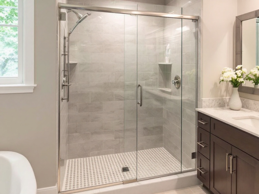 A contemporary styled bathroom with a glass shower door installed by Deluxe Shower Doors in Needham, MA.