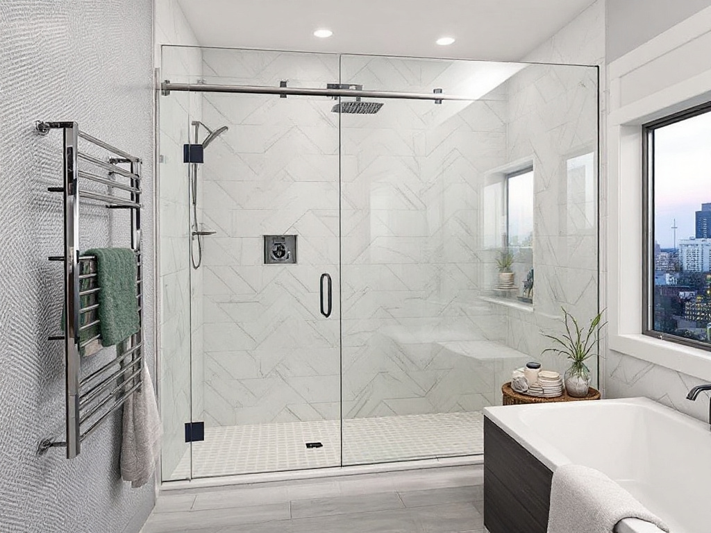 Custom frameless glass shower doors enhancing the contemporary style of a newly redesigned bathroom in Boston, MA.