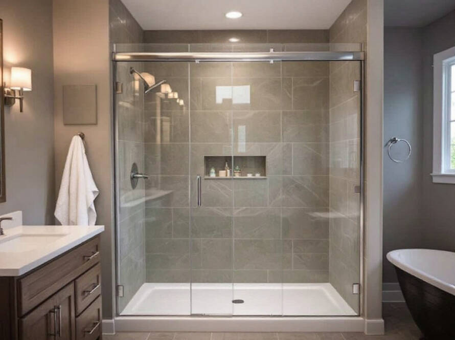 Alternative text: Modern glass shower doors by Boston Custom Frameless Solutions transforming a bathroom into a contemporary space.