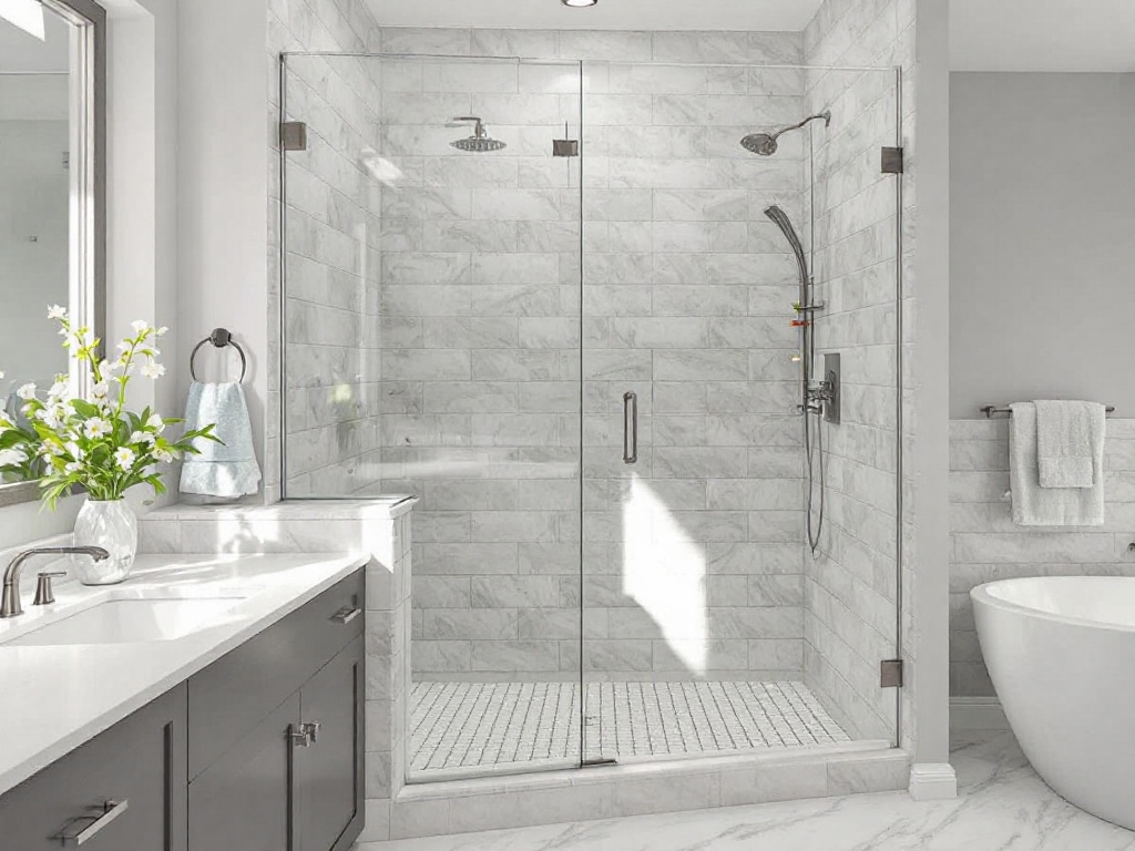 Alt Text: Unique custom-designed shower door enhancing a modern bathroom's ambiance.