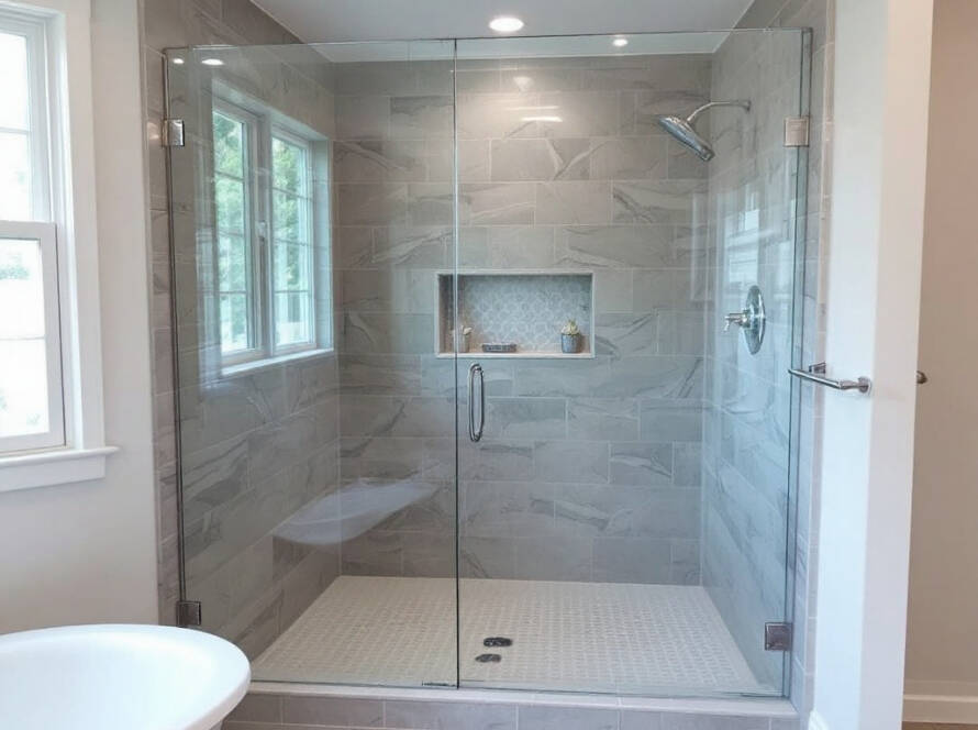 Custom glass shower door with a modern design being installed in a Boston home.