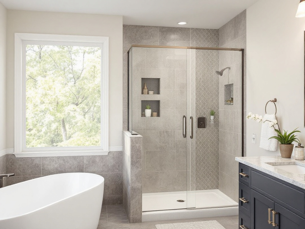 Expert installers working on modern sliding shower door installation, adding a contemporary touch to the bath in Stoneham, MA. 