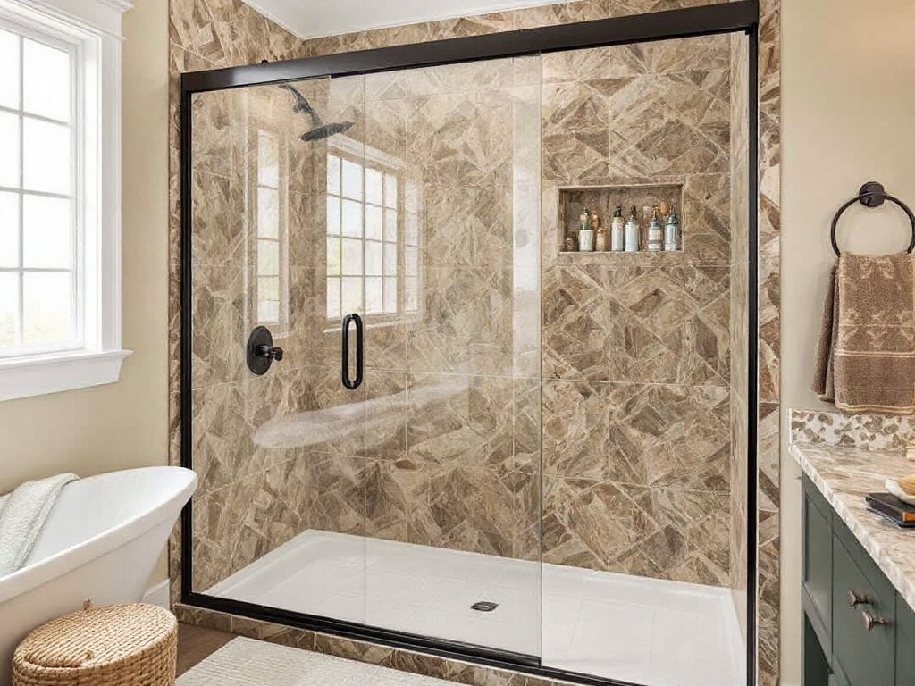 Professional installation crew fitting new sliding shower door in Stoneham, MA, maximizing potential of a bathroom.