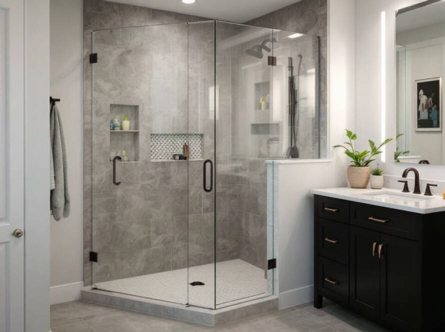 Modern, custom glass shower door installed with expert craftsmanship as part of a contemporary bathroom design.