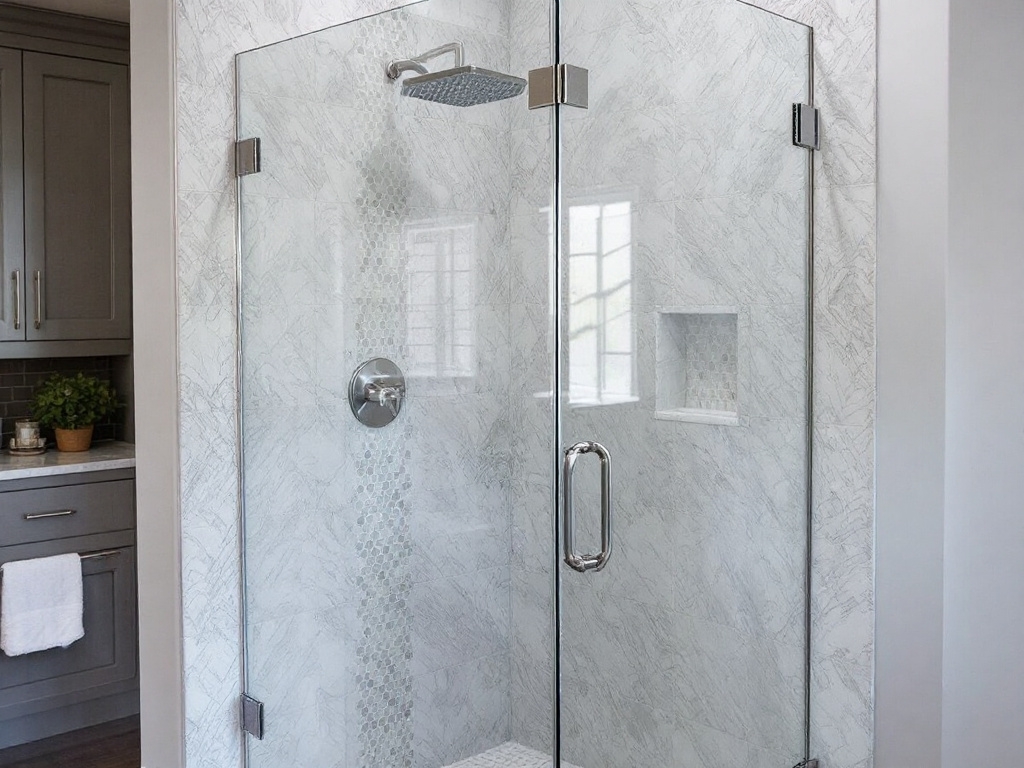 Alt Text: Professional team installing a gleaming glass shower door in a bathroom setting within Canton, MA.