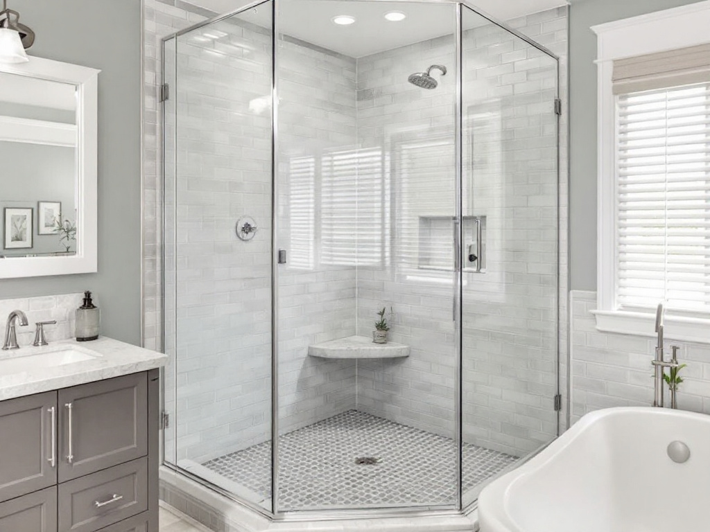 Skilled professionals installing a custom-made shower glass in a contemporary styled bathroom located in Acton, MA.