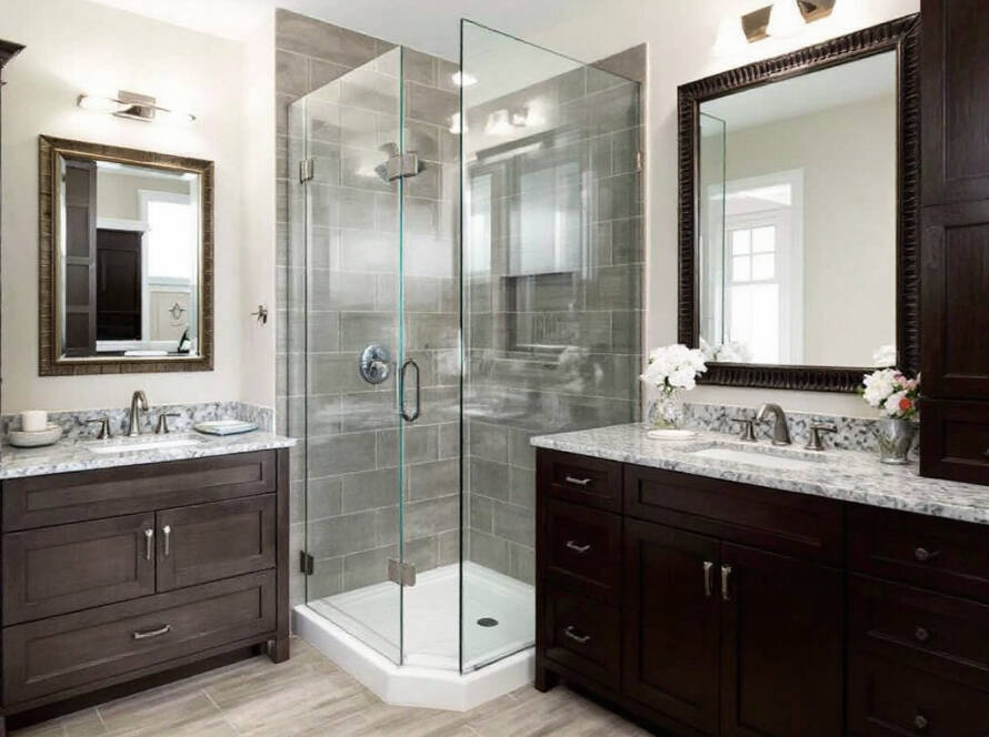 - Alt Text: Luxurious bathroom with custom frameless glass door installation in Walpole, MA