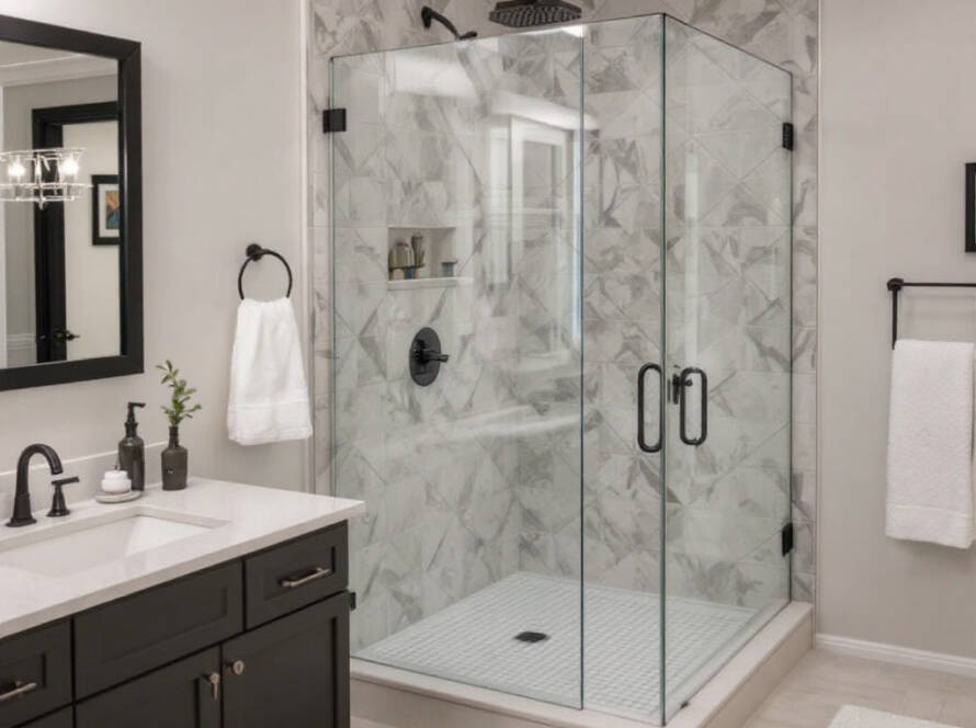 Custom frameless glass shower doors featuring modern, contemporary design in a new installation done by Shower Enclosure Installers near Wayland, MA.